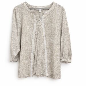 Pure Jill Tan And White Floral Paisley Button Down Collarless Blouse Sz XL